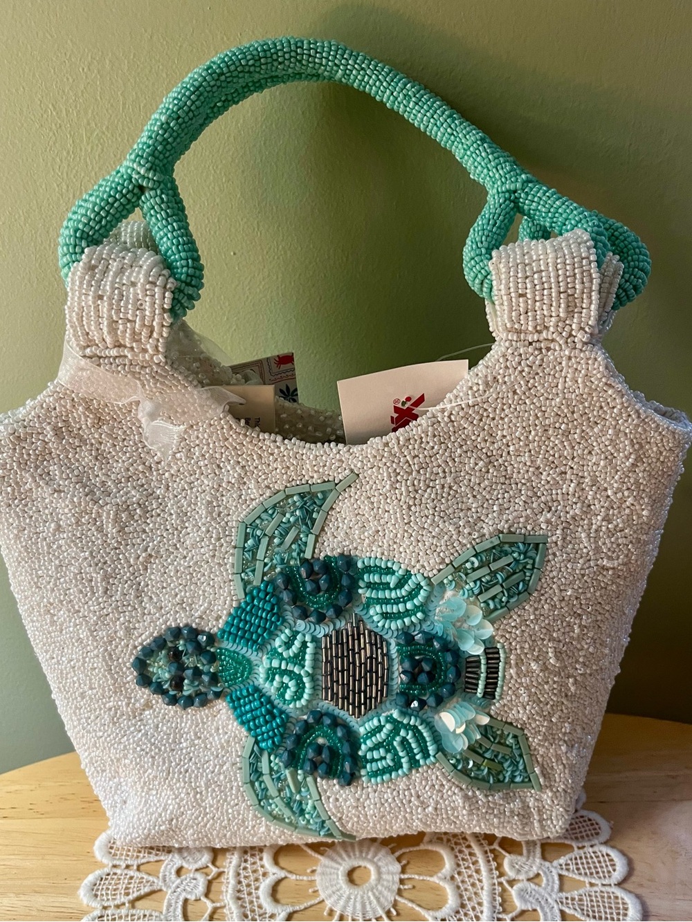 T.J.Maxx White Beaded Tote with Mint Green Accents